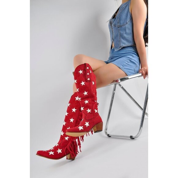Women's Red Cowgirl Faux Suede Stars Block Heels Under the Knee High Boot - Picture 3 of 7